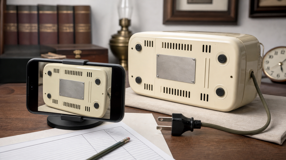 A phone photographs a generic model plate while the vintage appliance cord and plug rest visibly unplugged on the work surface.