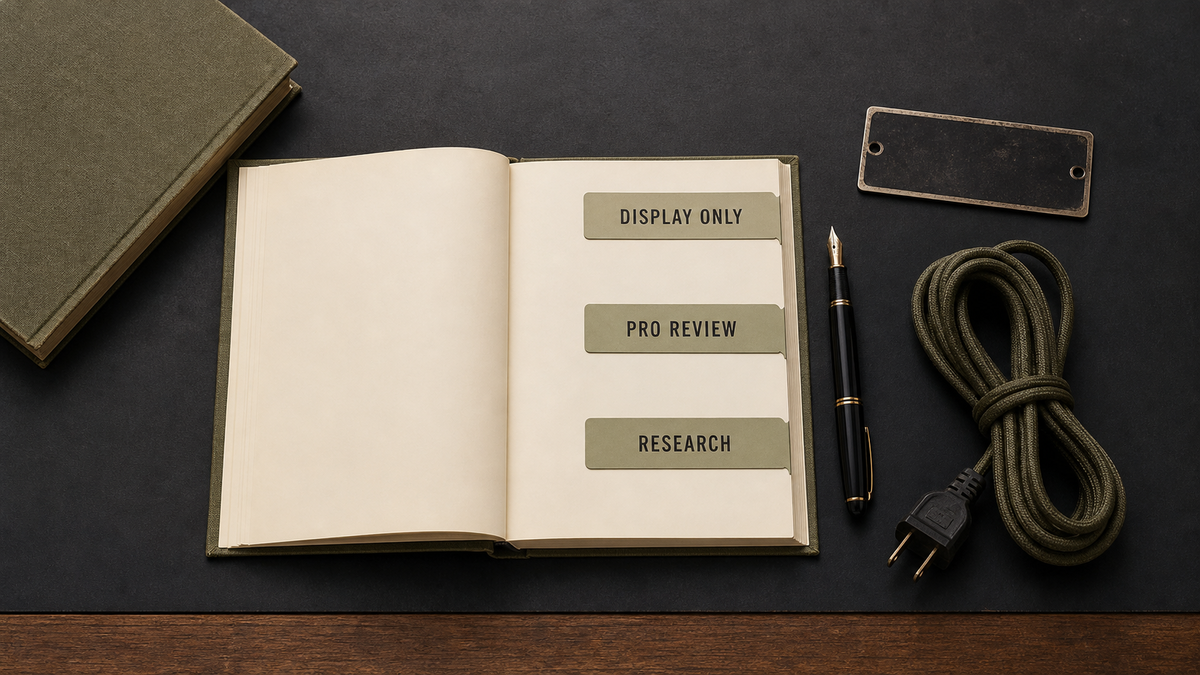 An archival desk shows three clear decision paths for a vintage appliance: display only, professional evaluation, and further official research.